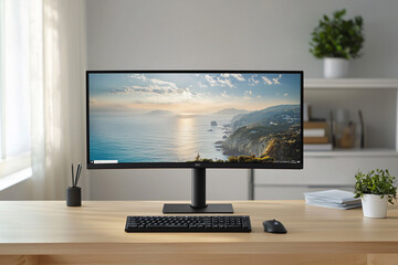 Modern workspace with a computer monitor displaying a coastal landscape, featuring a desk, keyboard, and plants
