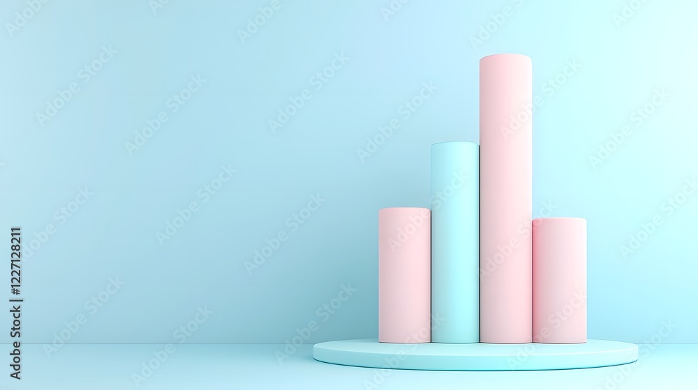 Poster Sleek and Minimal 3D Bar Graph Design Featuring Cylindrical Bars in Varying Heights Set Against a Soft Blue Gradient Background with Subtle Lighting and a Futuristic Aesthetic