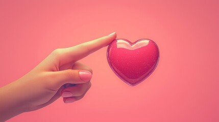Fototapeta premium Hand touching a pink heart on a solid pink background. Use for love or romance