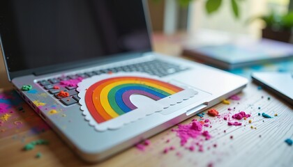 Vibrant Holi rainbow on laptop with colorful powders, workspace decoration concept
