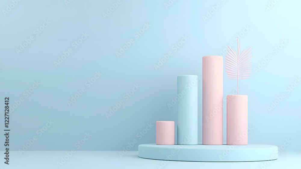 Fototapete Abstract 3D bar chart design with cylindrical shapes arranged in a minimal and geometric style showcasing a simple and clean data visualization on a monochromatic blue backdrop