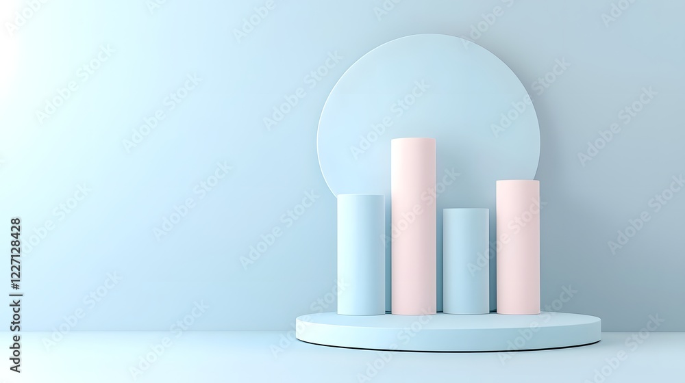 Poster Minimalist and abstract 3D bar chart design featuring cylindrical shapes in a clean and simplified composition on a monochromatic blue background emphasizing data visualization analytics