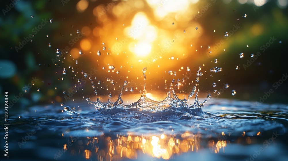 Poster dramatic water splash captured in high speed with warm sunlight reflecting off the water surface and
