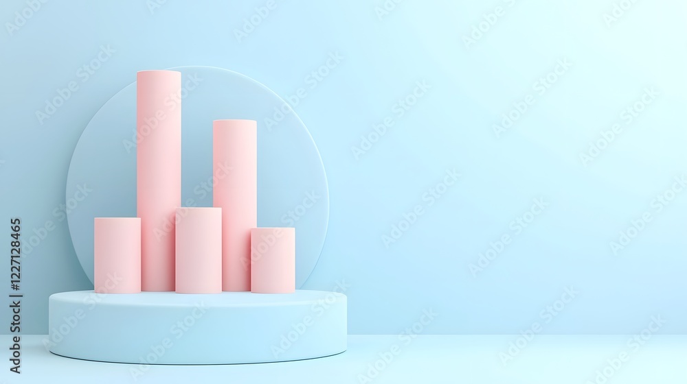 Aufkleber Conceptual 3D bar chart design with cylindrical shapes arranged in a minimal and abstract style on a monochromatic blue background emphasizing simplicity and clarity for business finance