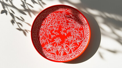 Fototapeta premium A circular Chinese paper cut design in vivid red, resting flat on a smooth white surface with shadows for depth.