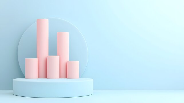 Conceptual 3D bar chart design with cylindrical shapes arranged in a minimal and abstract style on a monochromatic blue background emphasizing simplicity and clarity for business finance - Powered by Adobe