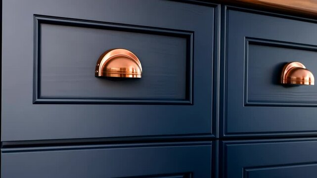 Front kitchen wooden frame cabinet door and drawers. Closeup Dark Blue Kitchen. Wooden cabinet door, brass door handles, furniture base set. Trendy interior units. Home improvement concept. Samples.