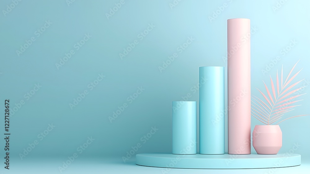Poster Visually striking yet simple 3D bar graph representation using cylindrical elements placed on a gradient blue background with elegant lighting and a sleek minimalistic theme