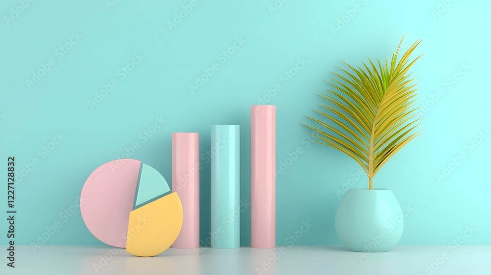 Poster Visually engaging 3D composition of soft pastel tone data charts including bar graphs and pie diagrams arranged harmoniously on a clean office desk with delicate shadows and a minimalistic atmosphere