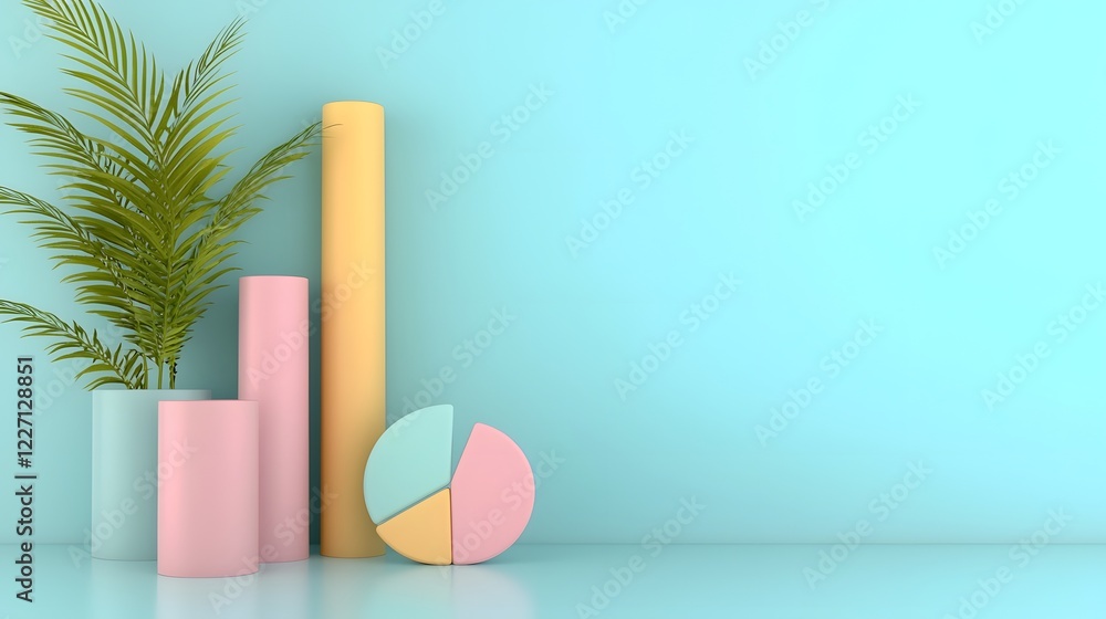 Poster Visually engaging 3D composition of pastel colored data charts including soft bar graphs and pie diagrams