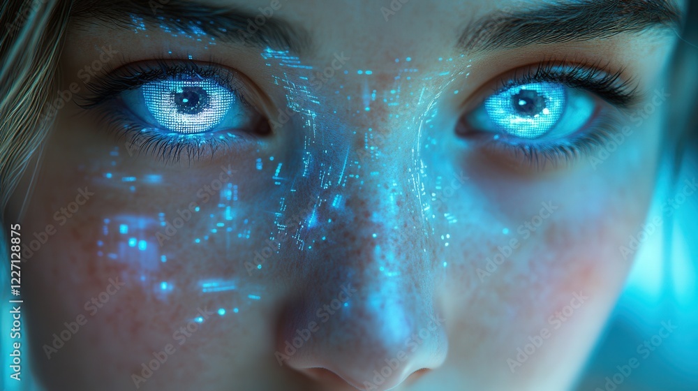 Poster a woman's face is illuminated by holographic patterns, emphasizing her mesmerizing blue eyes and uni