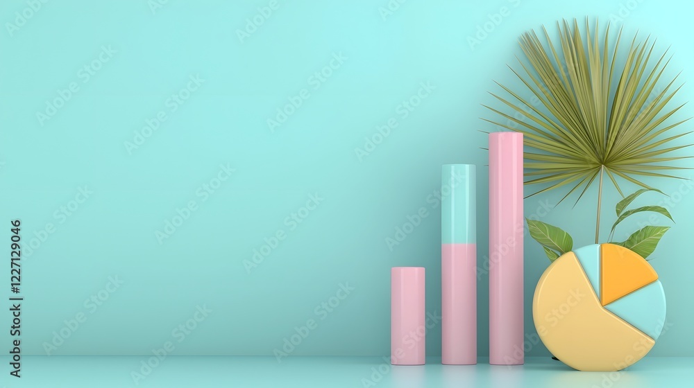 Poster Meticulously crafted 3D infographic display featuring floating pastel bar graphs smooth pie charts and elegant line plots set against a stylish office desk backdrop with a modern aesthetic