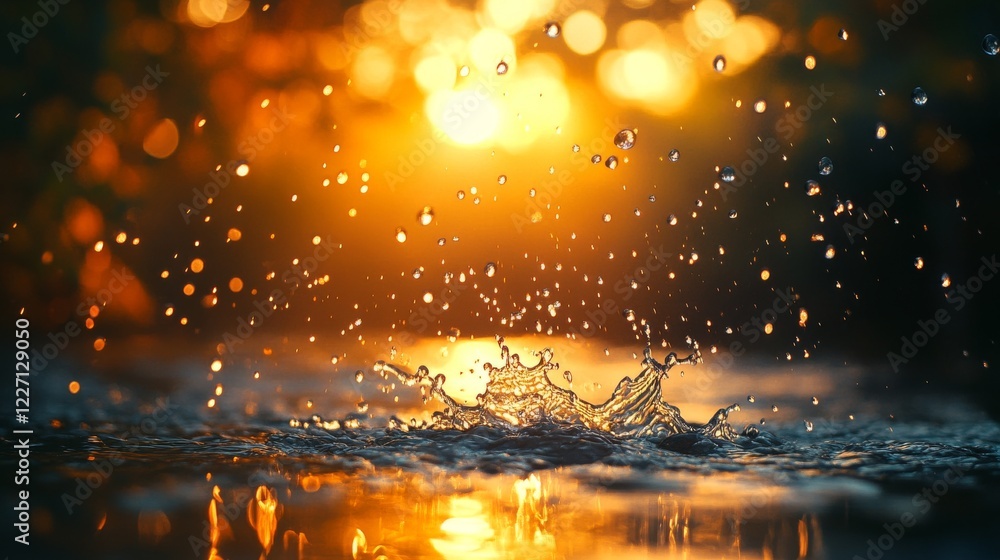 Poster golden hour splashes: water droplets dance in the warm glow of a setting sun creating a mesmerizing 