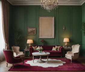 A modern Scandinavian-inspired living room with a sofa set and multiple photo frames is displayed on the wall 3d illustration.