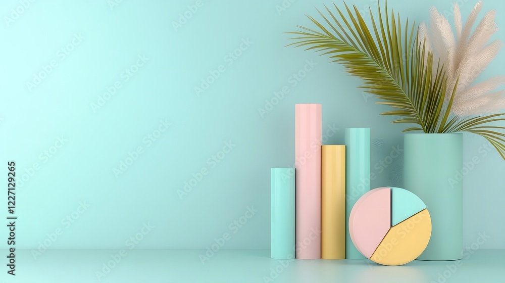 Aufkleber Futuristic yet playful pastel colored 3D bar and pie chart data visualization setup seamlessly blending into an elegant office desk environment with precision lighting and depth  A modern