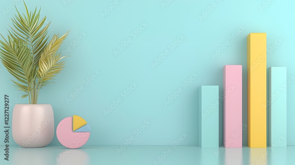 Leinwandbilder Elegant 3D Infographic Display with Floating Pastel Bar Graphs Smooth Pie Charts and Stylish Line Plots Set Against a Modern Office Desk Backdrop