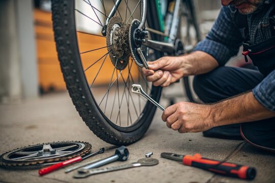 Close up of a man's hand repairing a bicycle