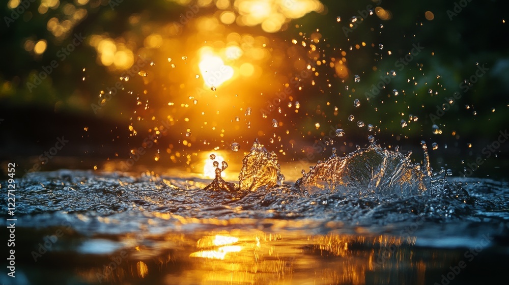 Poster golden hour splashes: water dancing in the sunset's glow with bokeh reflections creating a mesmerizi