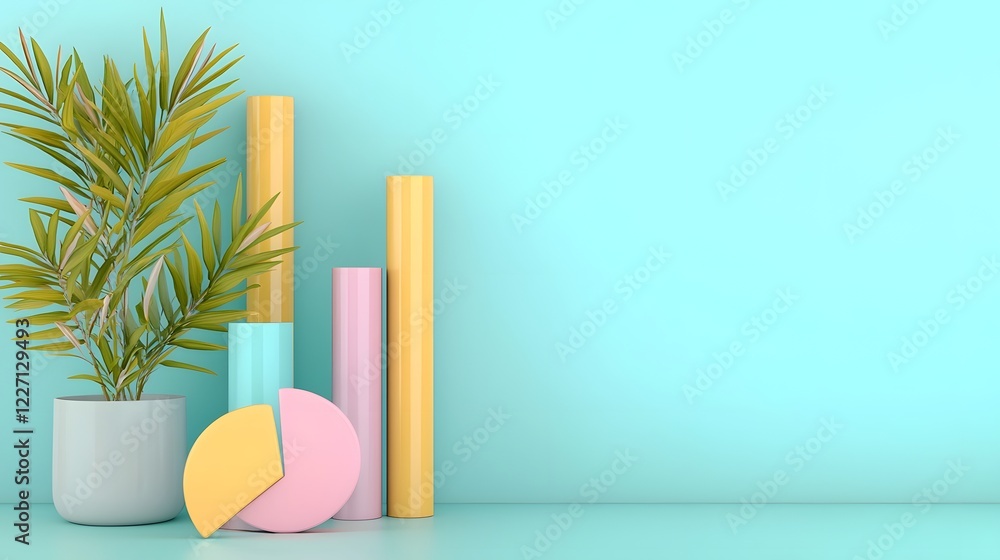 Poster Captivating 3D infographic arrangement showcasing pastel shaded bar graphs pie charts and business analytics elements set in a well organized modern office desk environment with soft