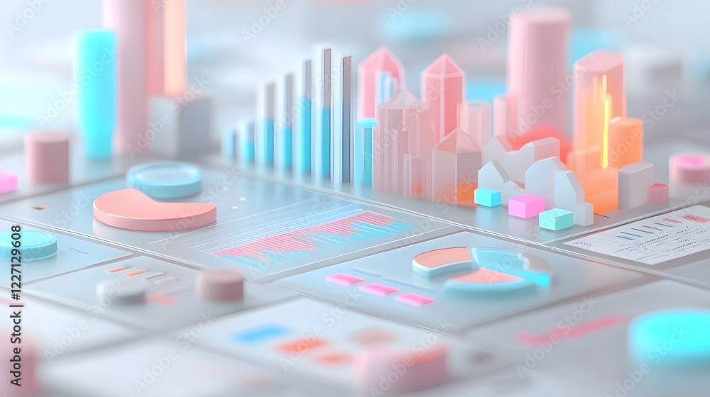 Poster Visually striking 3D business intelligence scene featuring a financial dashboard with glowing charts colorful pie diagrams and structured data graphs