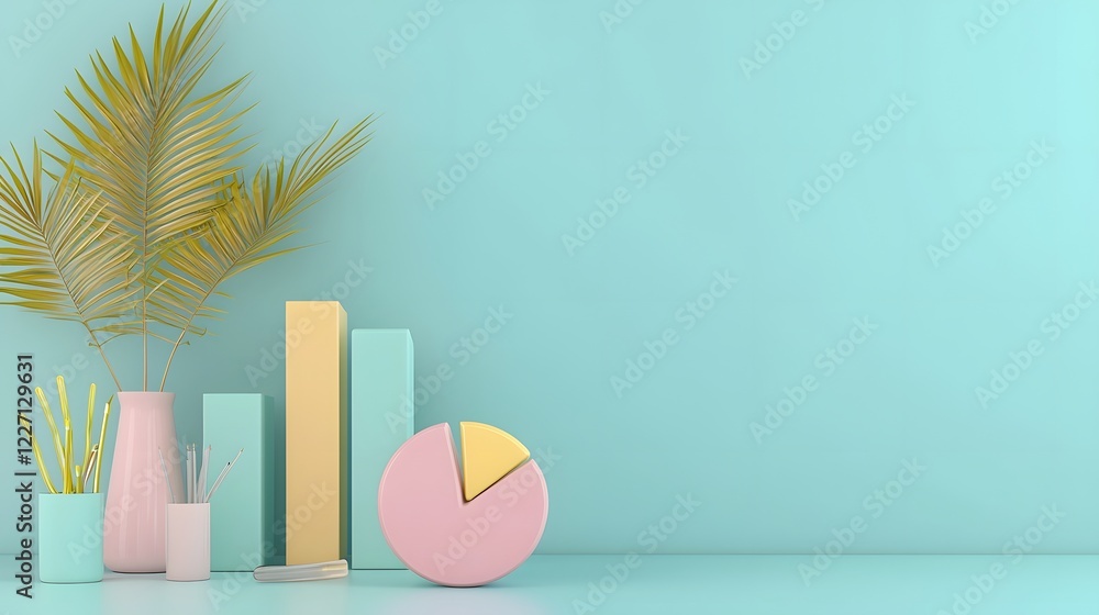 Poster Visually striking 3D infographic composition featuring pastel toned bar graphs pie charts and other business analytics elements artfully arranged on a modern office desk environment with soft