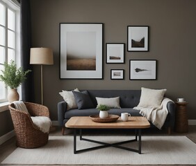 A modern Scandinavian-inspired living room with a sofa set and multiple photo frames is displayed on the wall 3d illustration.