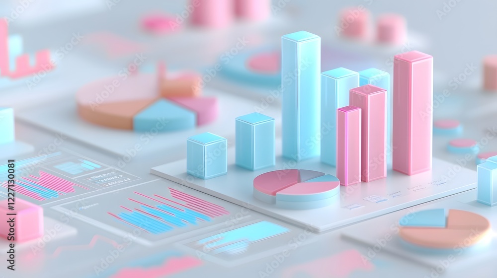 Poster Sleek and vibrant 3D financial analysis concept featuring floating bar graphs data driven pie charts and abstract geometric shapes representing market insights