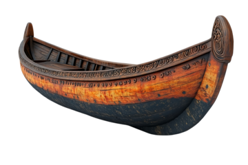 A beautifully crafted traditional wooden canoe with intricate carvings and a weathered appearance, transparent background, png, isolated on white background
