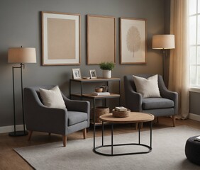 A modern Scandinavian-inspired living room with a grey colour armchair set and multiple photo frames is displayed on the wall 3d illustration.