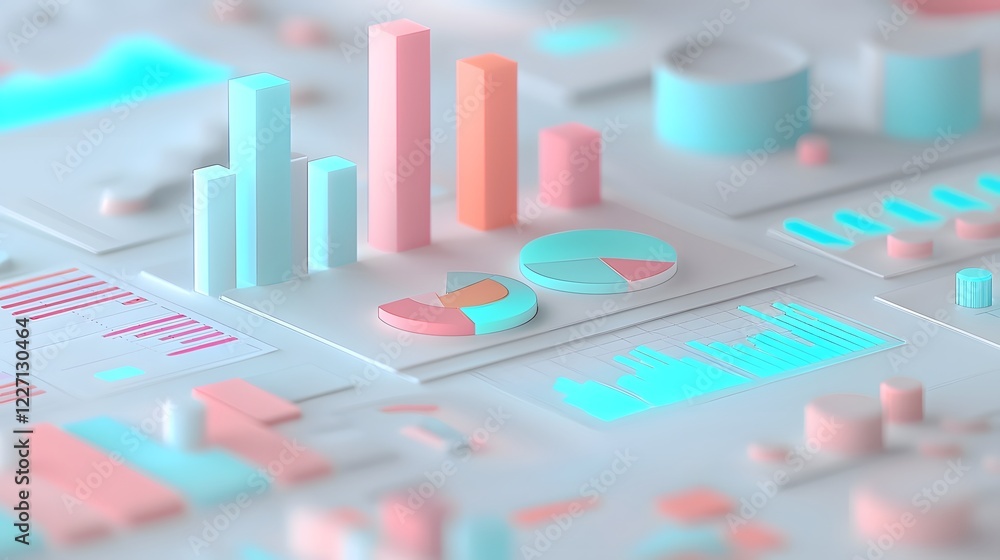 Poster Captivating 3D financial dashboard filled with bright data charts financial trend lines and pie charts in dynamic colors