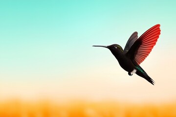 A vibrant hummingbird hovers gracefully against a soft, colorful background, showcasing its vivid feathers and delicate wings.
