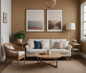 A modern living room with an off-white sofa set with photo frames on the wall 3d illustration image.