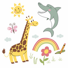 Obraz premium Kids drawing illustration, vector children color pencil naive doodle set, cute cartoon animals. Kindergarten funny wax crayon sketch, giraffe, crocodile, shark, rainbow, flower. Kids drawing clipart 