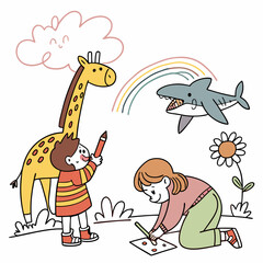 Kids drawing illustration, vector children color pencil naive doodle set, cute cartoon animals. Kindergarten funny wax crayon sketch, giraffe, crocodile, shark, rainbow, flower. Kids drawing clipart 