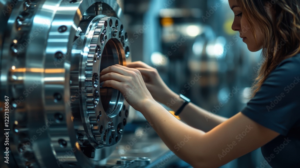 Poster fingers delicately work on a complex machine inside a bright, spacious workshop. the focus is on pre