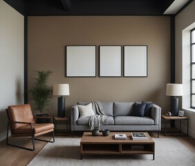 A modern Scandinavian-inspired living room with a sofa set and multiple photo frames is displayed on the wall 3d illustration.