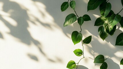 Sunlight casts shadows on wall with climbing vine; copy space