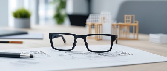 Stylish Black Glasses on Architectural Drafts and Workspace Table