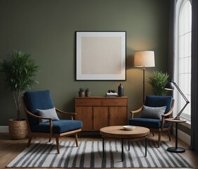 A modern Scandinavian-inspired living room with a dark blue armchair set and multiple photo frames is displayed on the wall 3d illustration.