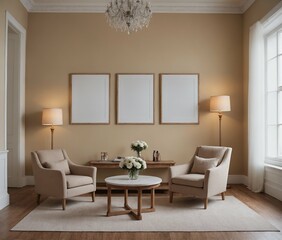 A modern Scandinavian-inspired living room with an armchair set and multiple photo frames is displayed on the wall 3d illustration.