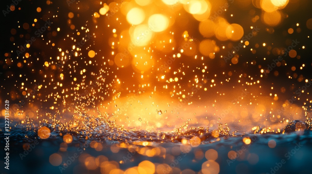 Poster golden bokeh light raindrops water ripples abstract background, creating a beautiful and ethereal ef