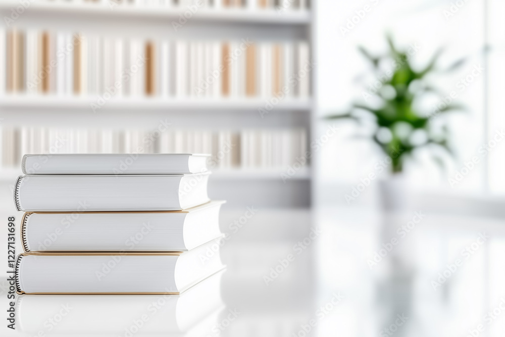 Poster minimalist shelves filled with books create a serene atmosphere in a modern library. bright midday l