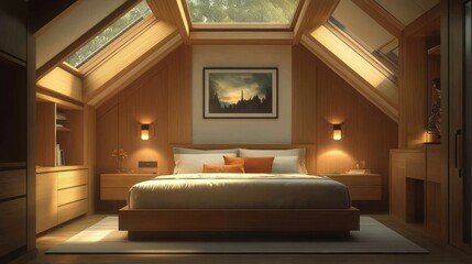 Sunlit attic bedroom, wooden walls, calm morning
