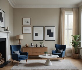 Fototapeta premium A modern Scandinavian-inspired living room with a dark blue armchair set and multiple photo frames is displayed on the wall 3d illustration.