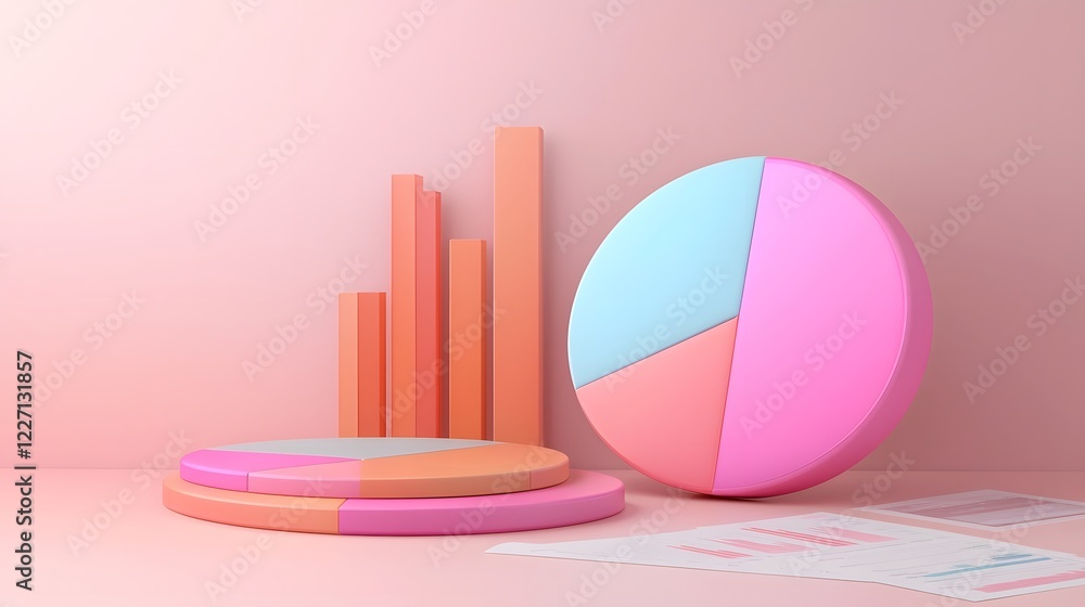 Poster 3D pie chart with vibrant segmented colors placed on a professional office desk surrounded by financial reports bar graphs and statistical data sheets illuminated by soft natural lighting
