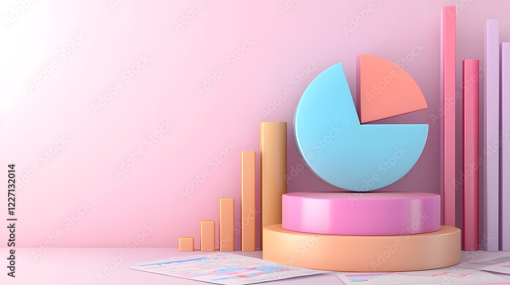Poster Vibrant 3D pie chart with glossy colorful sections positioned on a cluttered business desk filled with trend analysis charts financial sheets and performance reports