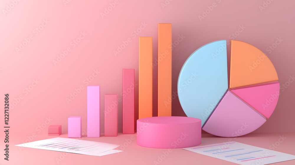 Aufkleber Vibrant 3D rendered pie chart with glossy vibrant sections positioned on a cluttered business desk filled with trend analysis charts financial sheets and performance reports
