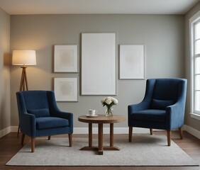 A modern Scandinavian-inspired living room with a dark blue armchair set and multiple photo frames is displayed on the wall 3d illustration.