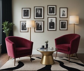A modern Scandinavian-inspired living room with a armchair set and multiple photo frames is displayed on the wall 3d illustration.