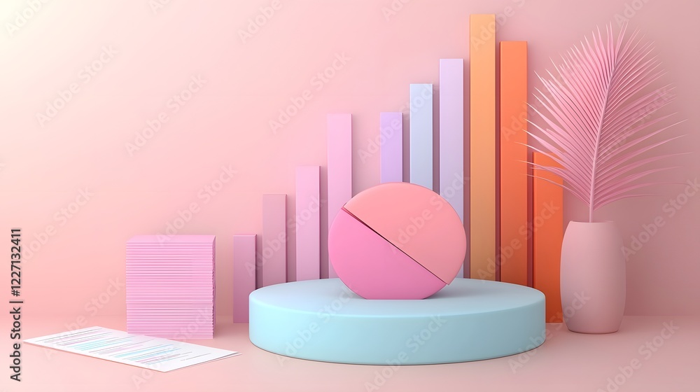 Poster Visually appealing 3D data visualization featuring a colorful pie chart on a neatly arranged office table with organized statistical documents economic growth graphs and professional reports